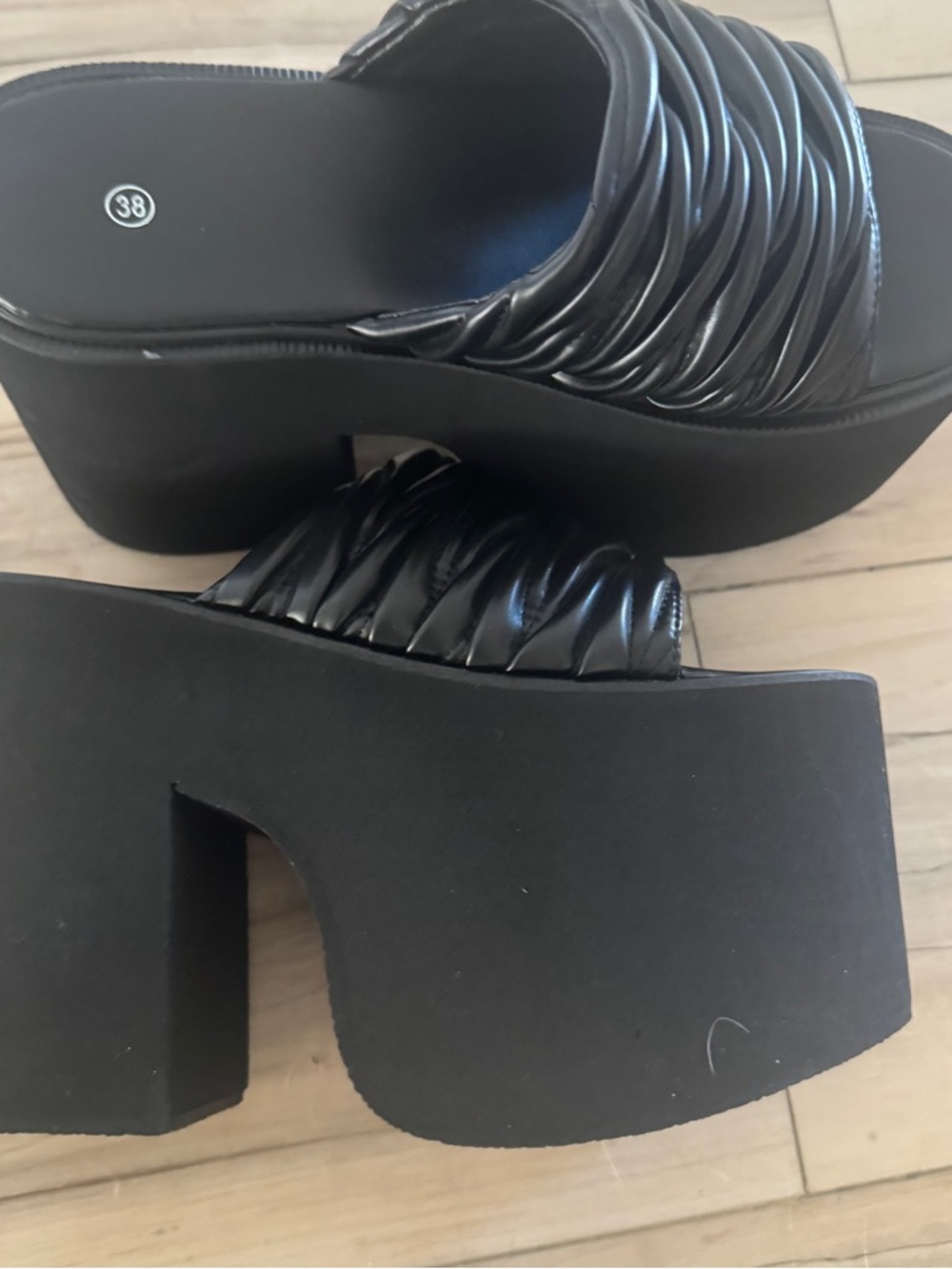 Black Platform Slide Sandals with Ruched Strap - Picture 4 of 5